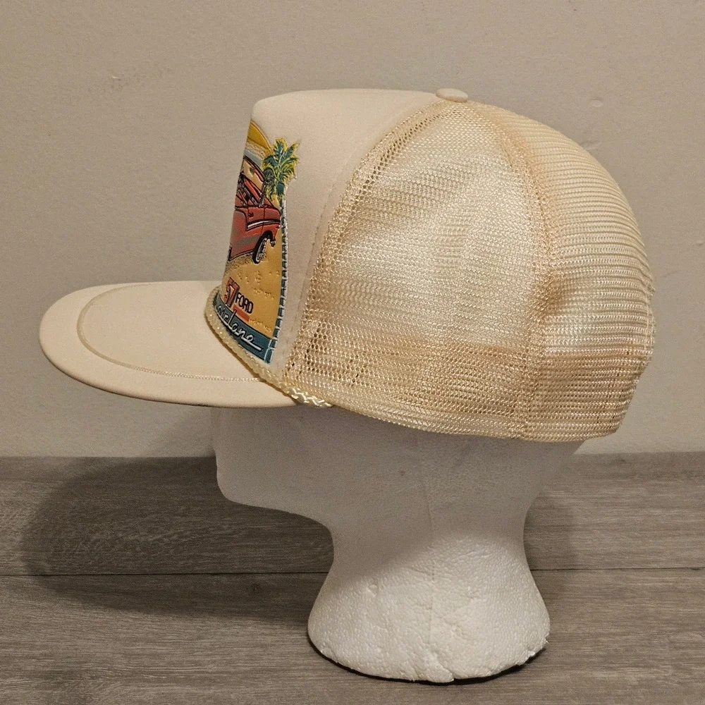 Vintage Autographix 57 Ford Fairlane Trucker Hat Mesh Snapback Cream Retro Car